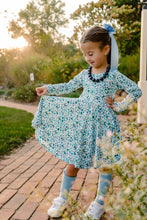 Load image into Gallery viewer, Fall Blue Floral Twirl Dress