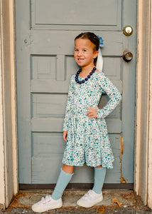 Fall Blue Floral Twirl Dress