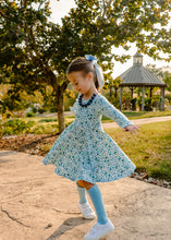 Load image into Gallery viewer, Fall Blue Floral Twirl Dress