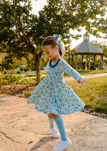 Fall Blue Floral Twirl Dress