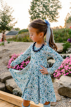 Load image into Gallery viewer, Fall Blue Floral Twirl Dress